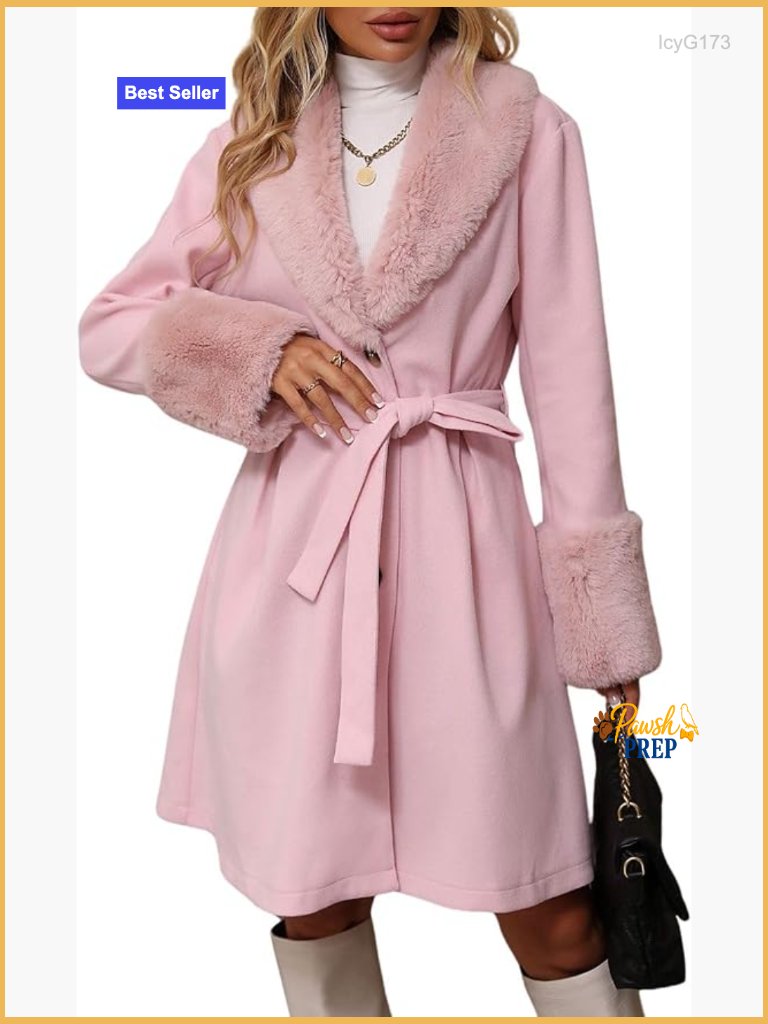 Wool Blend Pea Coat Faux Fur Lapel With Belt Midi Length